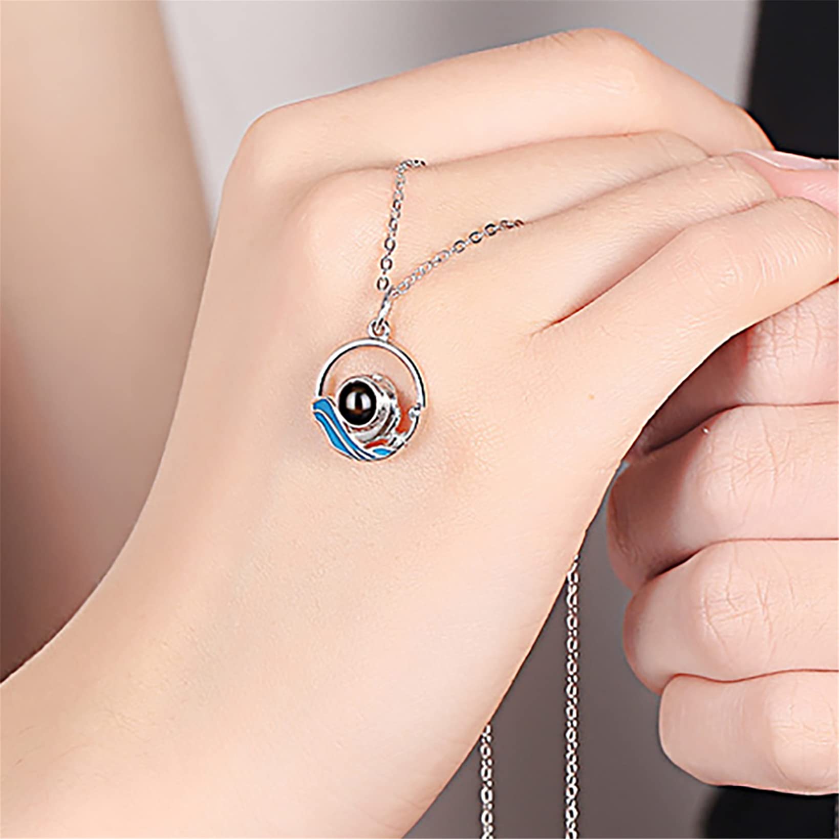 Collar de montaña con foto personalizada colgante de ola oceánica joyería de pareja