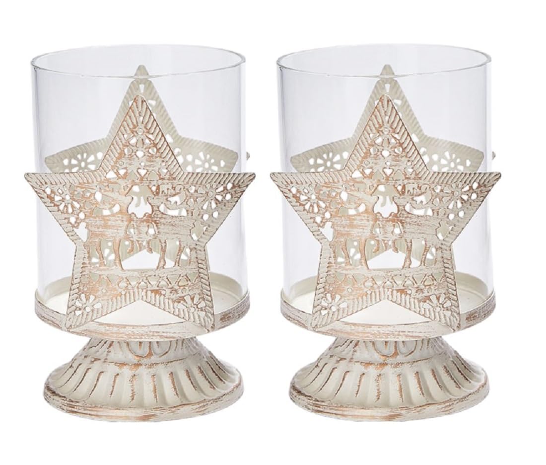 Vintage Candle Holders – Distressed Hurricane Pillar Candlesticks for Christmas Table, Mantel & Fireplace Decor – Available in 4 Designs, Set of 2 Metal Candle Holders - (Star)