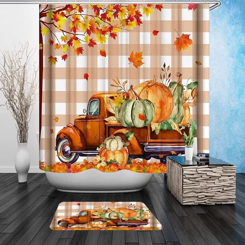Miniatura 2 de Juego de cortina de ducha de 4 piezas, diseño de Acción de Gracias de otoño, calabaza, camión, cortina de baño con tapete antideslizante, cubierta