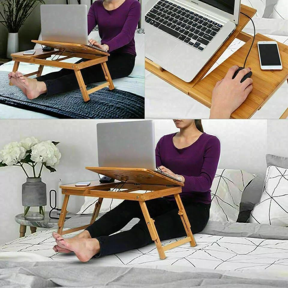 Image of WOOYNEX Wooden Laptop Table Standard Adjustable Study Table with Laptop, Portable Lap Desk, Multifunctional Bed Table with Drawer and Folding Legs (Sky Blue)