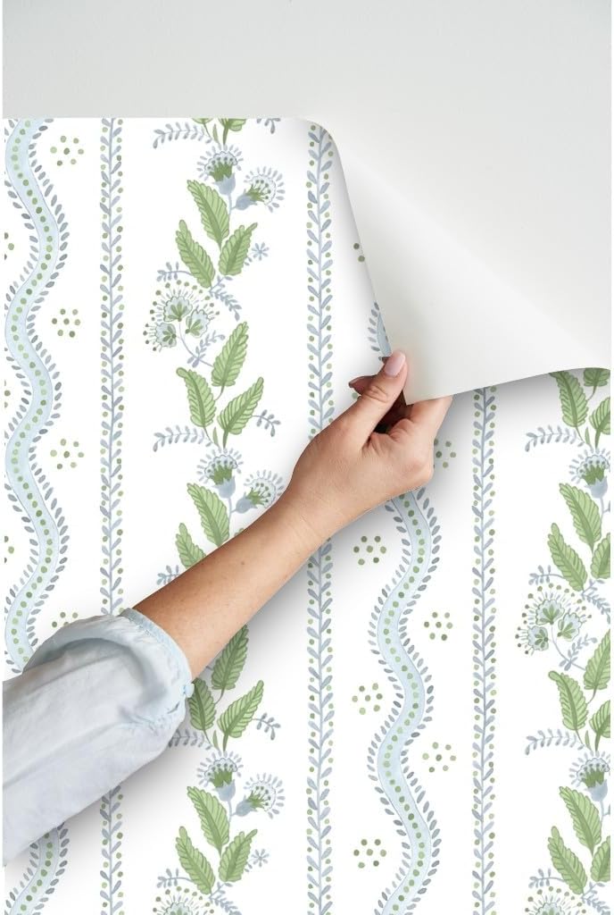 Spoonflower Peel & Stick Wallpaper 3ft x 2ft - Soft Blue Greens White Stripe Green Floral Dots Traditional Custom Removable Wallpaper