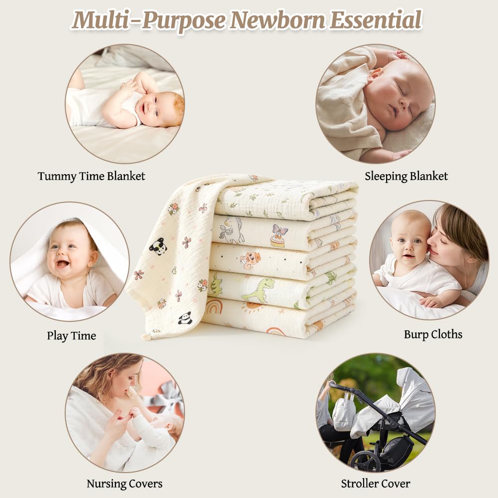 Muselinas Bebe Algodon 60x60cm, 6 Pcs Lactancia Manta Recien Nacidos, Transpirable Cómoda Suave para recién Nacidos bebés, Estampado