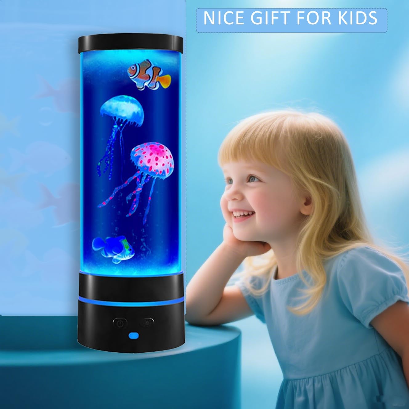 14" Black Minimalist Cylinder Jellyfish Lamp with Remote Control,with 3 Jellyfish (2 Large + 1 Small),16 Color Changes,with Stylish Blue Base Light,USB Powered,for Bedroom and Office Decoration