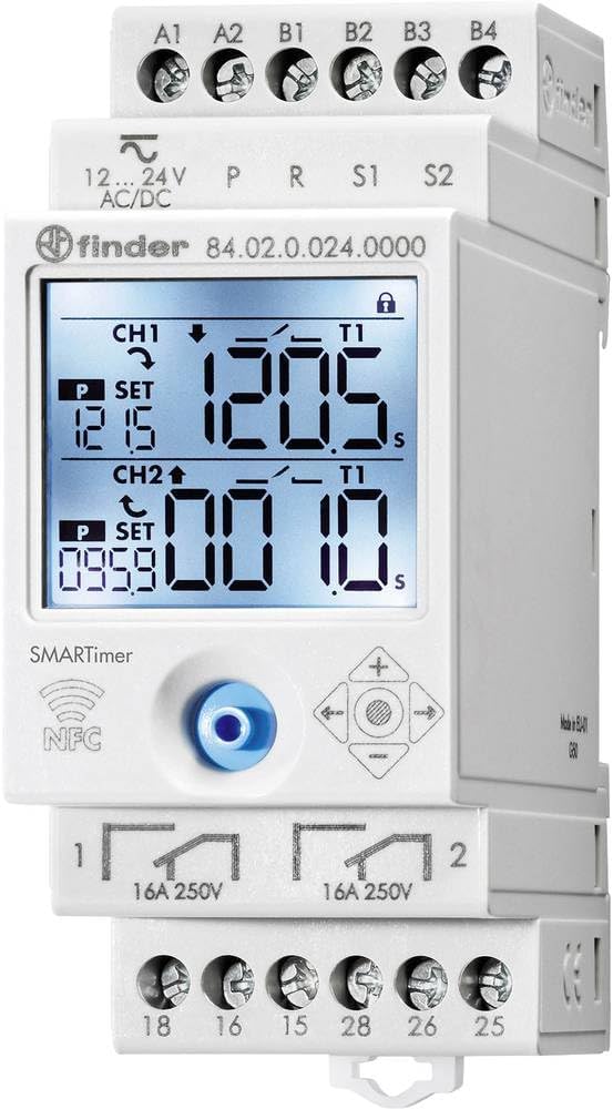 FINDER 84.02.0.024.0000 SMARTIMER, Multifunction Digital Timer 12…24 V AC/DC, 2 Independent Channels 16A, with NFC