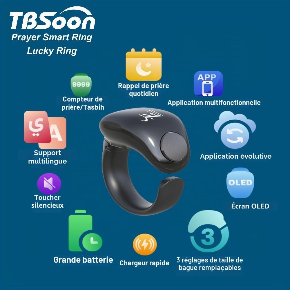 Bague connectée Tasbih Tendance, Compteur de Chapelet, Guide indicateur de Direction de prière, Pardon, Chapelet électronique, Cadeau pour l'Aïd el-Fitr, l'Aïd el-Adha et Le Ramadan, Réglable