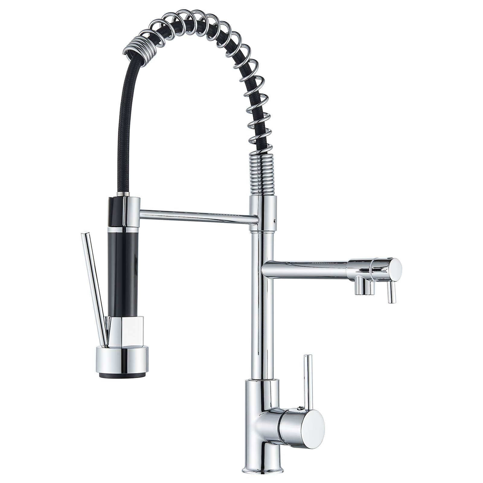 Robinet de cuisine, avec 2 buses, robinet à ressort amortisseur de cuisine, rotation à 360°, standard froid et chaud, laiton chromé.