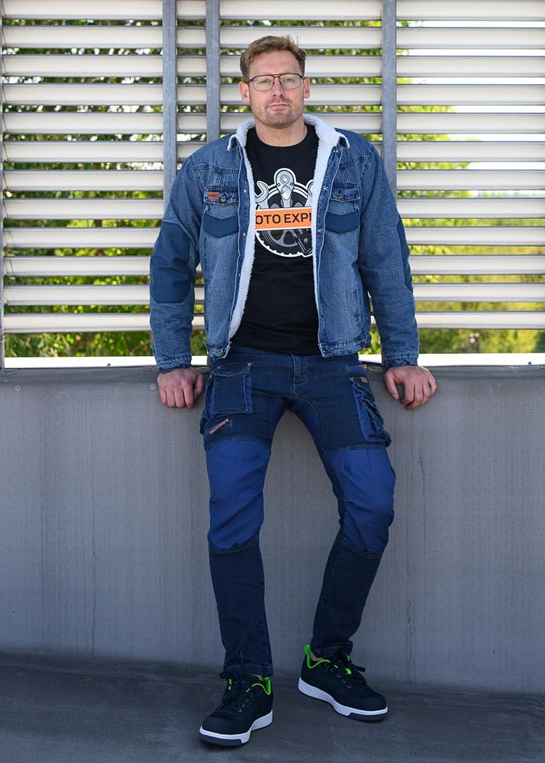 NEO TOOLS Pantaloni da lavoro in denim, da uomo con cintura, tessuto Oxford, tasca per ginocchiere, resistenti e universali, da lavoro, multi tasche, jeans da lavoro stretch