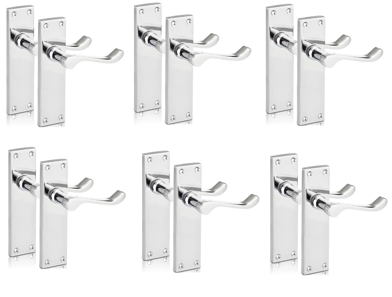 Epsom Door Handle Chrome Scroll Door Handle Set with Tubular Latches - Victorian Style Internal and External Lever Door Handles with Backplate 150mm x 42mm (6 Pair of Handles)