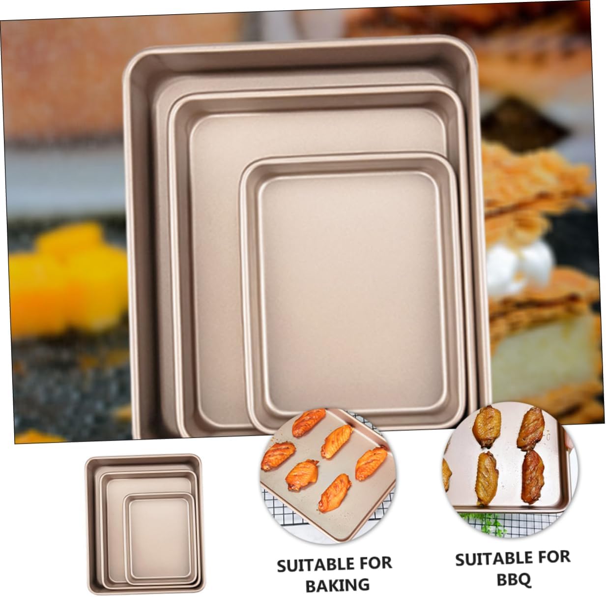 3pcs Nonstick Carbon Steel Baking Pans Rectangular Bakeware for Cakes Cookies and Roasting Deep Kitchen Supplies for Home Baking and Food Serving