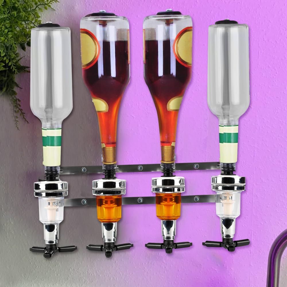 HUOLE dosificador de botellas, de pared, para 4 botellas, accesorio de bar, plateado, pie de pie de dosificador de bebidas de pared, adecuado para amantes de la familia, del bar y del barman de 4