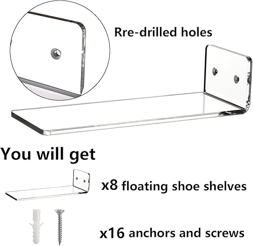 Miniatura 4 de Youeon Paquete de 8 estantes flotantes de exhibición de zapatos, estante acrílico de 8 x 3 pulgadas para pared, estantes flotantes para zapatos,