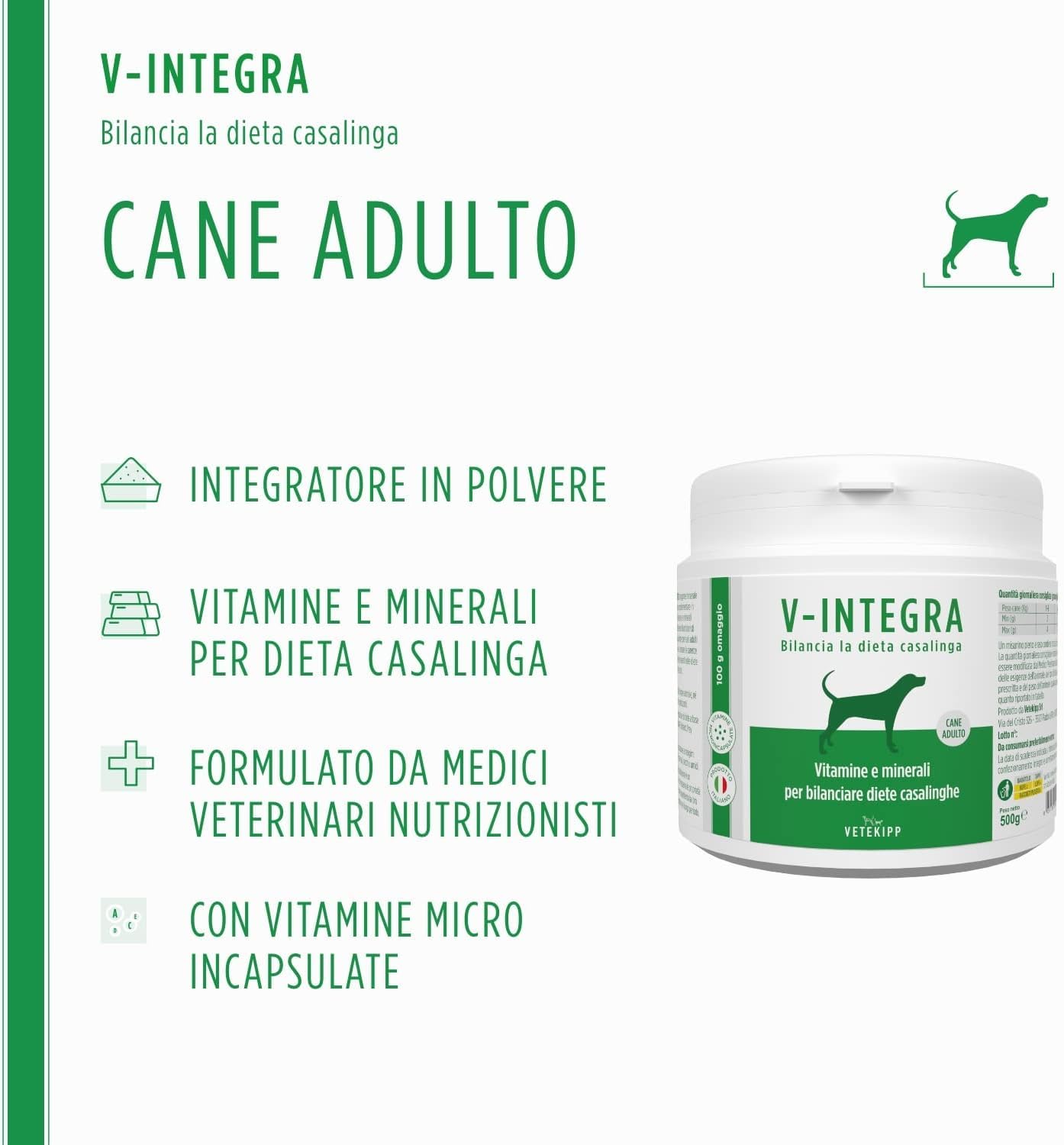 V-INTEGRA Cane Adulto 500g, Integratore Completo Ricco di Vitamine e Minerali per Dieta Casalinga e BARF, V Integra Multivitaminico Cane, Made in Italy