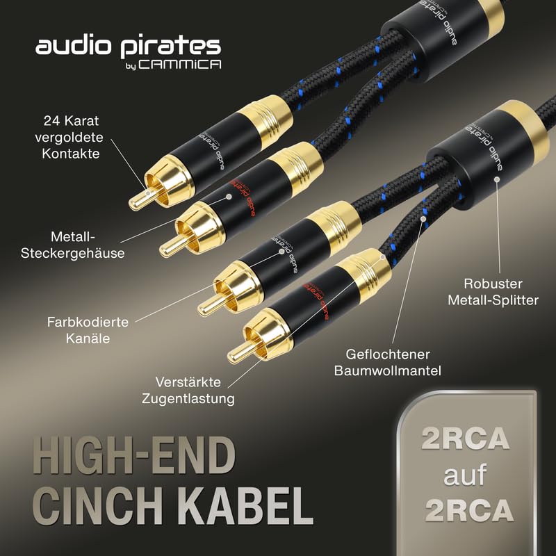 audio pirates by cammica Câble audio stéréo RCA 2 x 2 classe moyenne | 10 m | Câble audio stéréo RCA avec répartiteur | Cuivre OFC | OD : 6,5 mm | Gaine en nylon | Contacts or 24 carats | Hifi, Home