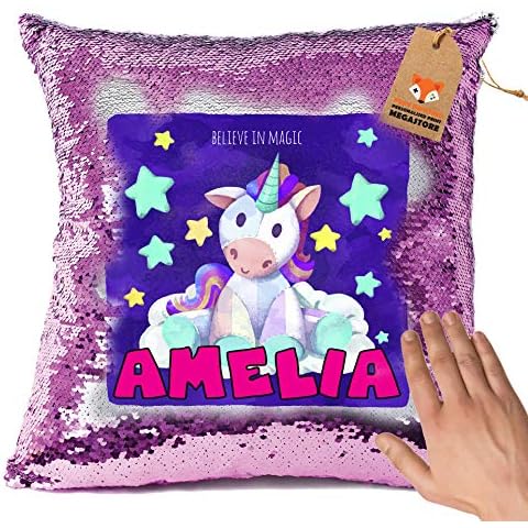 Personalised - MAGIC SEQUIN Unicorn Cushion HOT PINK and White Sequin Cushion Cover