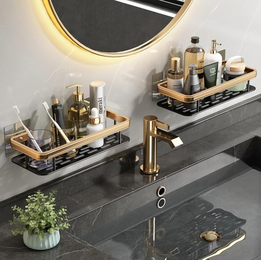 2 Pc- Luxury Aluminum Shower Caddy Shelf - Stylish Gold Finish, Wall-Mounted Design with Large Capacity Storage for Toiletries, Shampoo, and Bathroom Accessories 2