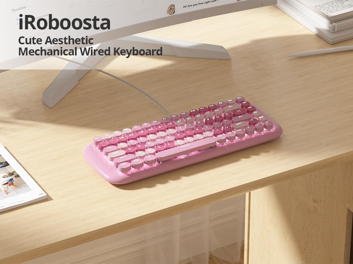 Pink Creamy Mechanical Gaming Keyboard, Aesthetic w/White Backlit, 84 Keys Cute Retro Typewriter Computer Keyboard Wired, Round Keycaps for Windows/PC/PS5