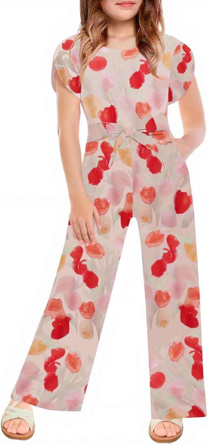 Haloumoning Girls Floral Jumpsuit Kids Fashion Short Sleeve Belted Wide Leg Romper One Piece Outfits with Pockets