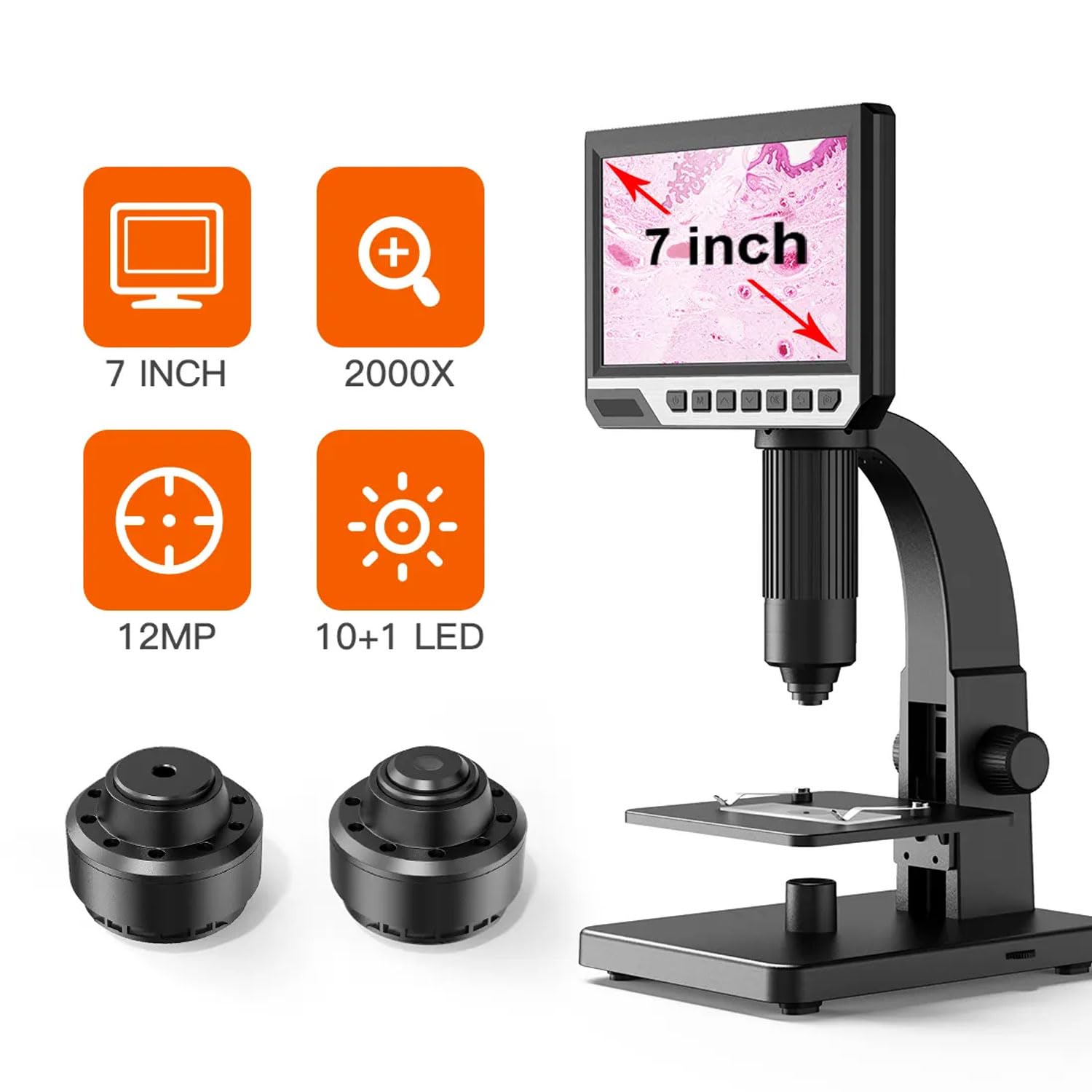 LCD Digitalmikroskop 2000X, 7-Zoll-Desktop-USB-Mikroskop mit LED-Lichtern, 12-MP-Kamera und 32-GB-Karte für Labor- und Münzinspektion