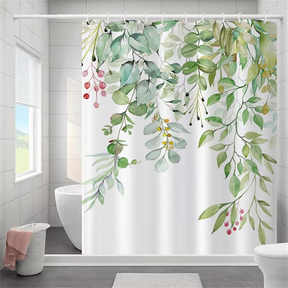 Duschvorhang mit Efeublättern, Aquarell-Blumenmuster, wasserdichtes Polyestergewebe mit Haken (183 x 244 cm (72 x 96 Zoll))