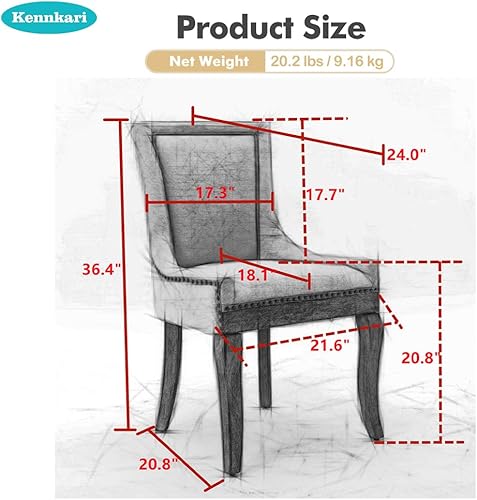 Miniatura 2 de Silla de comedor con respaldo de clavos, juego de 2, sillas de cocina de tela con patas de madera maciza para cocina, comedor, sala de estar, silla