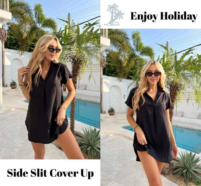 AI'MAGE Women's Swimsuit Coverup V Neck Bathing Suit Cover Up Shirt Short Sleeves Beach Bikini Swimwear Dress S-3XL2