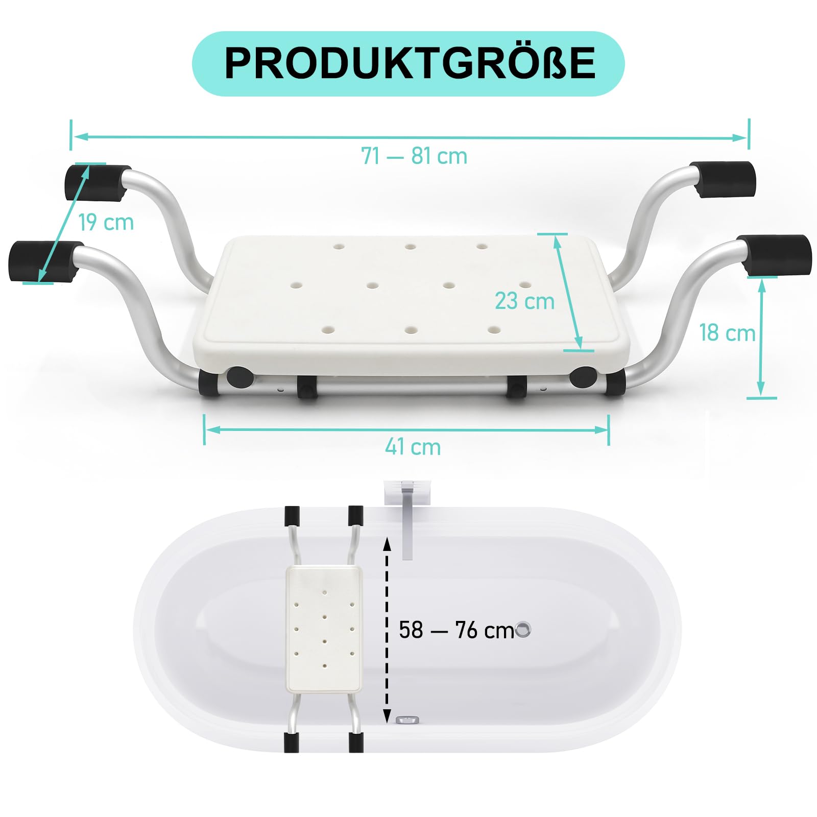 Asiento de bañera para personas mayores, cabeza antideslizante ampliada, asiento de ducha, banco de ducha para bañera, patas de goma semicirculares con superficie antideslizante, aluminio, soporta