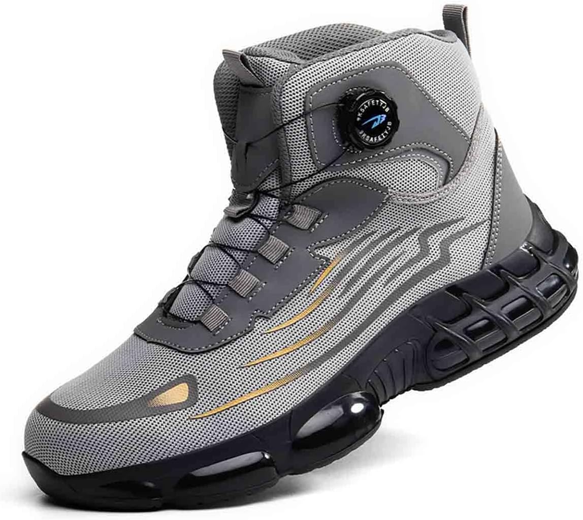[HANCHJ] 作業安全靴、ボタン留めレース式労働保険対応靴、ハイカット産業用建設保護スニーカー、耐衝撃・耐穿刺スチールトゥシュー