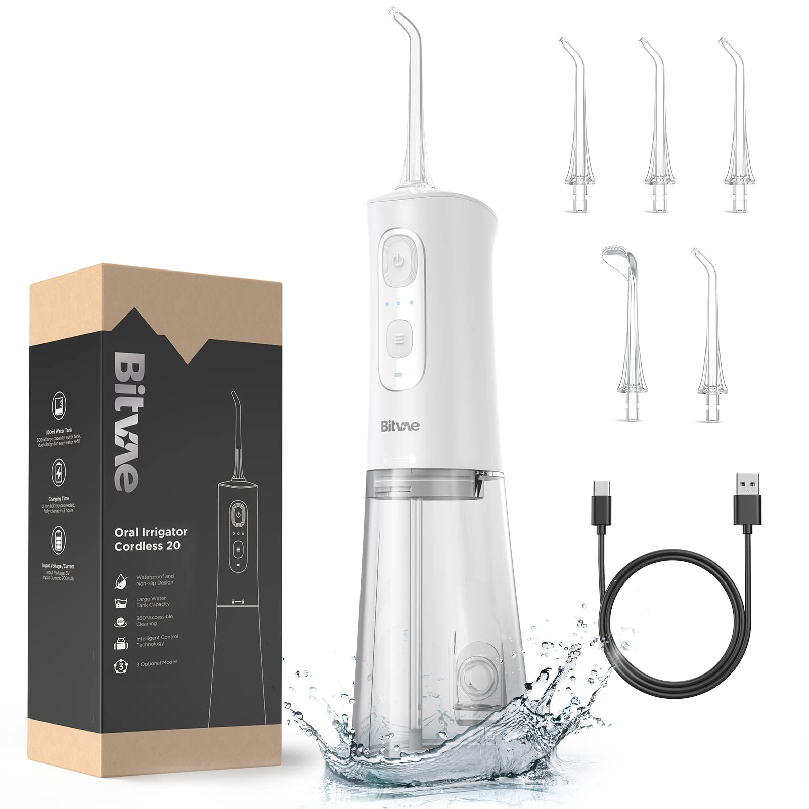 BitvaeWater Flosser Professional for Teeth , Portable 300ML Water Teeth Cleaner Picks , 3 Cleaning Modes 6 Jet Tips , Ivory White