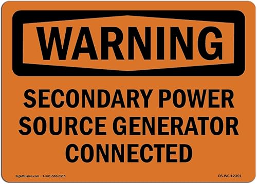 Señal de advertencia OSHA Generador de fuente de alimentación secundaria conectado Cartel de plástico rígido Protege tu negocio, lugar de