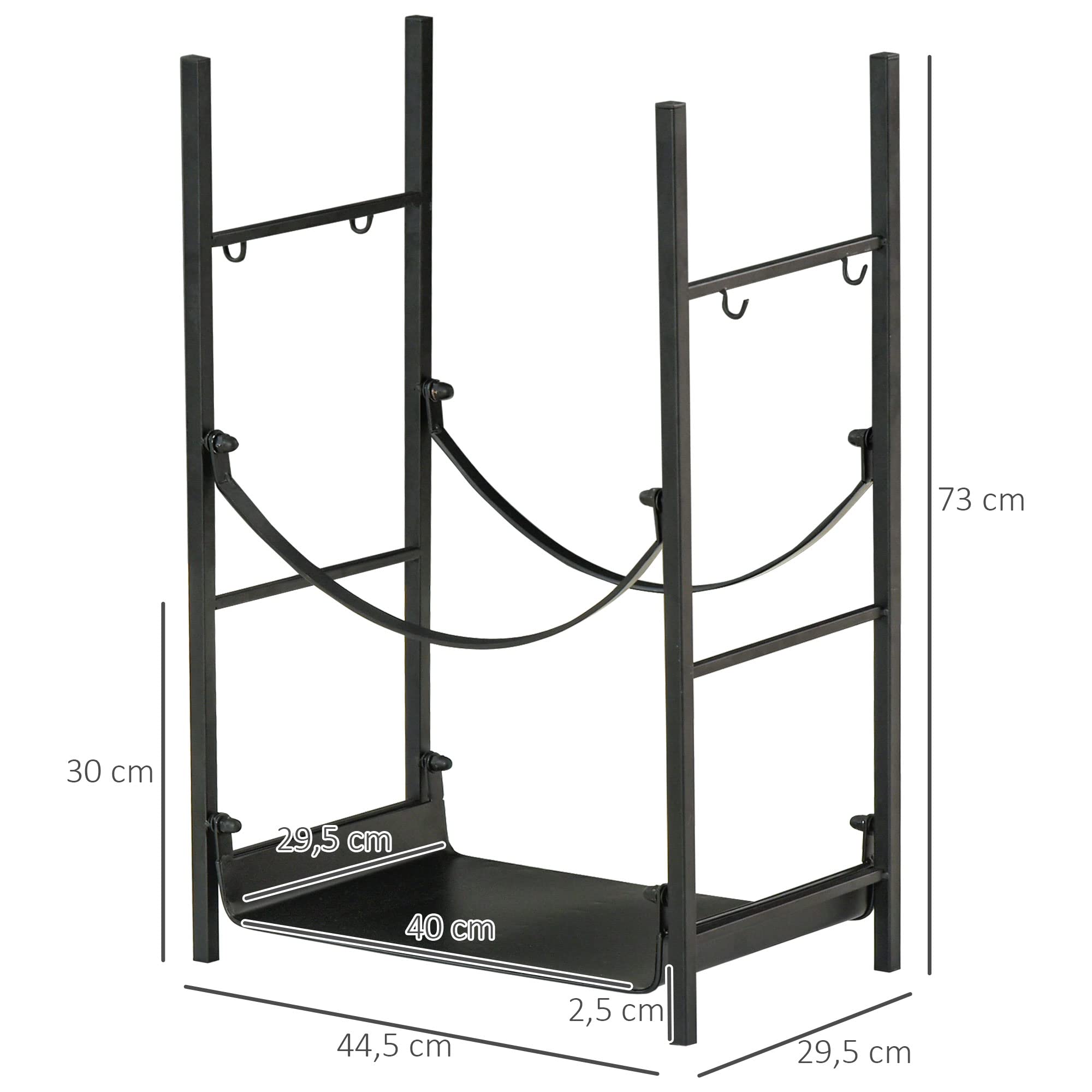 Outsunny Estante de Leña para Chimenea 44,5x29,5x73 cm Soporte para Leña de 2 Niveles Leñero Exterior e Interior Metálico con 4 Herramientas Carga Máx. 70 kg Negro