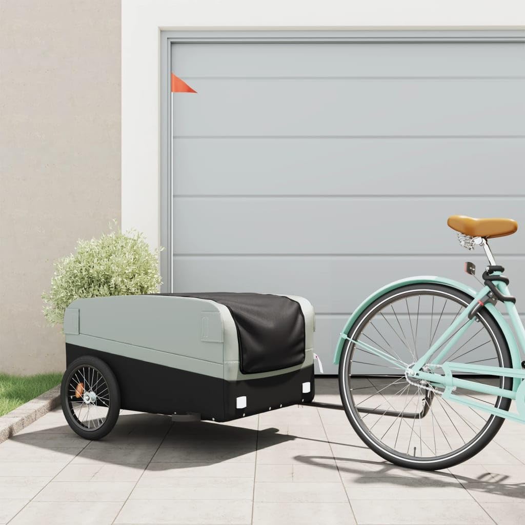 Przyczepa rowerowa z żelaza w kolorze czarnym i szarym, nośność 45 kg, składana, z dyszlem i flagą bezpieczeństwa, idealna do transportu bagażu, ładunków, dzieci i psów na świeżym powietrzu