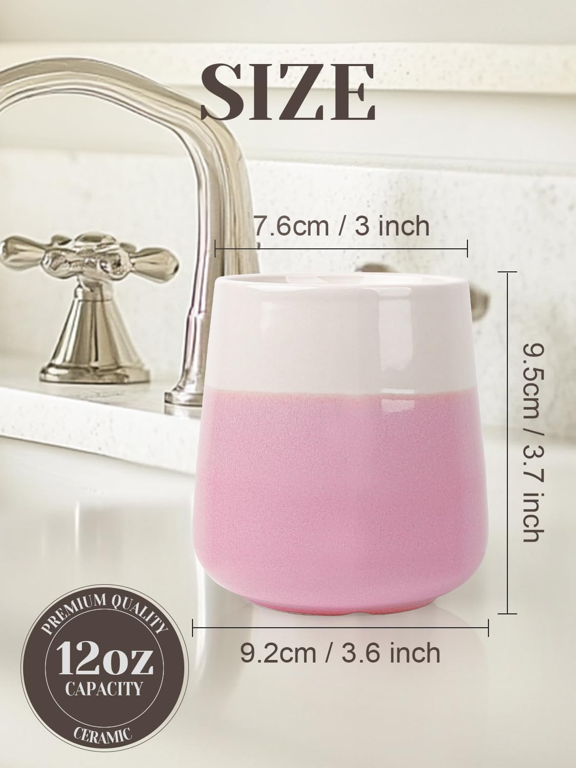 INGOFIN Ceramic Toothbrush Holder Cup, 12 oz Toothpaste Holder for Bathroom Vanity and Countertop, Organizer for Cosmetic, Makeup, Office Pencils, for Hotel Apartment, Beige and Pink
