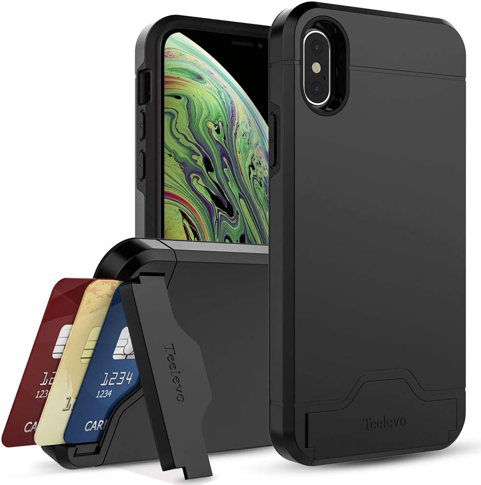 Teelevo Wallet Case for iPhone Xs (2018), Dual Layer Case with Card Slot Holder and Kickstand for iPhone Xs and iPhone X - Black