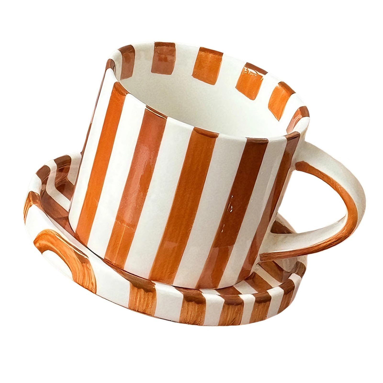 Kaeltsyn 5Inch Elegant Striped Ceramic Coffee Mugs and Saucer Set Feature Comfortable Grip and Multifunctional for Home Use Comfortable Grip