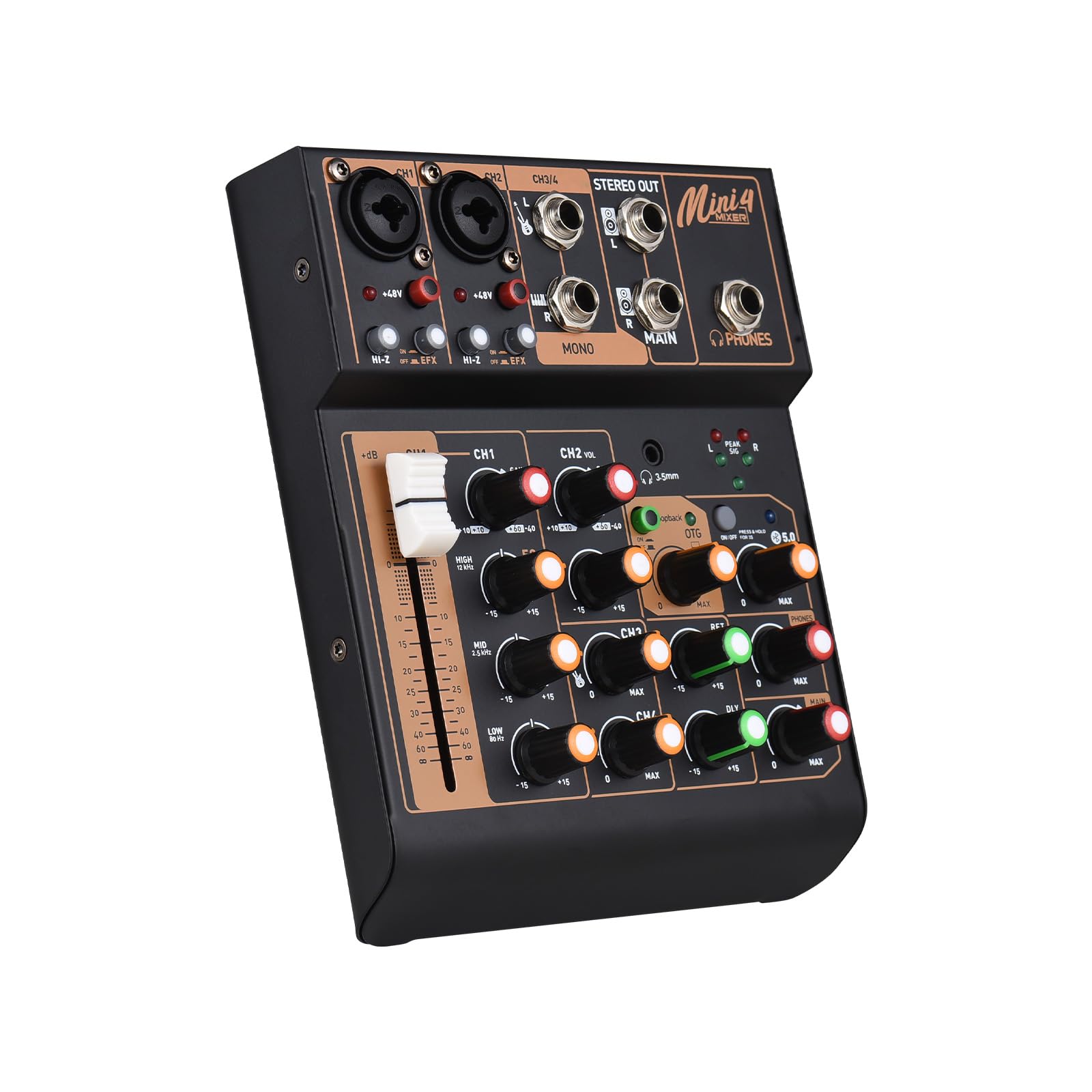 Mixer Audio Console Mixer DJ Portatile a 4 canali Mini Scheda di missaggio Audio con USB BT 48V Alimentazione Phantom EQ a 3 Bande Pulsante Loopback Console Audio per spettacoli dal Vivo Feste