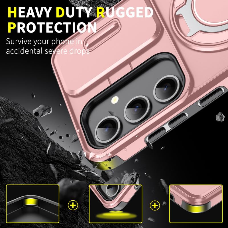 Image of LuxuryKase Shockproof Rugged Case for Samsung Galaxy S24 Plus | Slide Camera Cover | 360 Rotating Ring Kickstand | Military-Grade Protection - Rose Pink