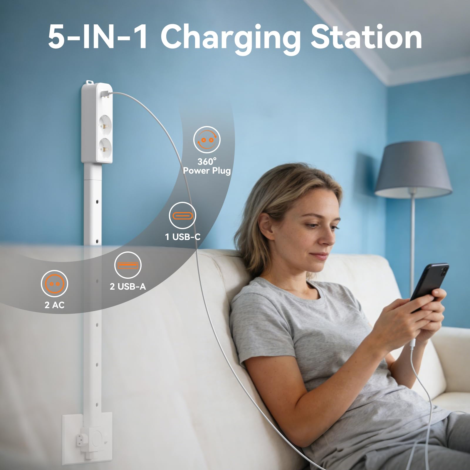 Multipresa Ciabatta Elettrica Estensibile con 3 asticelle estensibili, [Regolabile 9,92-37,32 pollici], 3 Presine AC, 2 USB-A, 1 USB-C, 360° montabile, ideale dietro divano e comodino