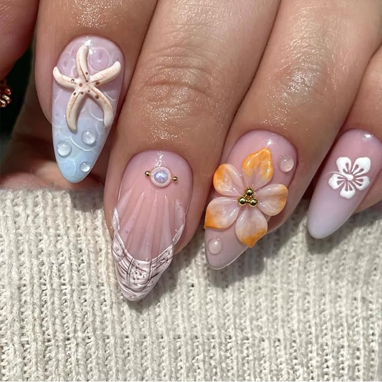 Flower Press On Nails Medium Square Gold Pearl Star Nude Pink_voghion.com