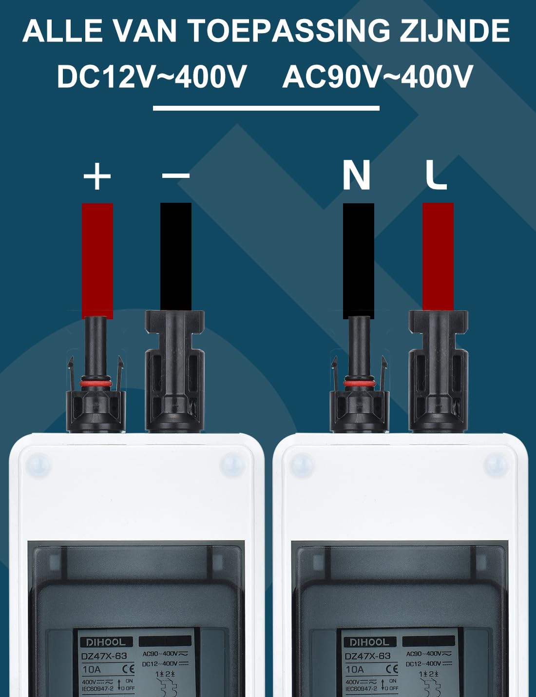 DIHOOL Odłącznik DC PV, wyłącznik nadmiarowy, automatyczny bezpiecznik, 2-biegunowy, 10A, 12V (12V-400V) z kablem, wtyczka solarna, IP65, wodoszczelna obudowa