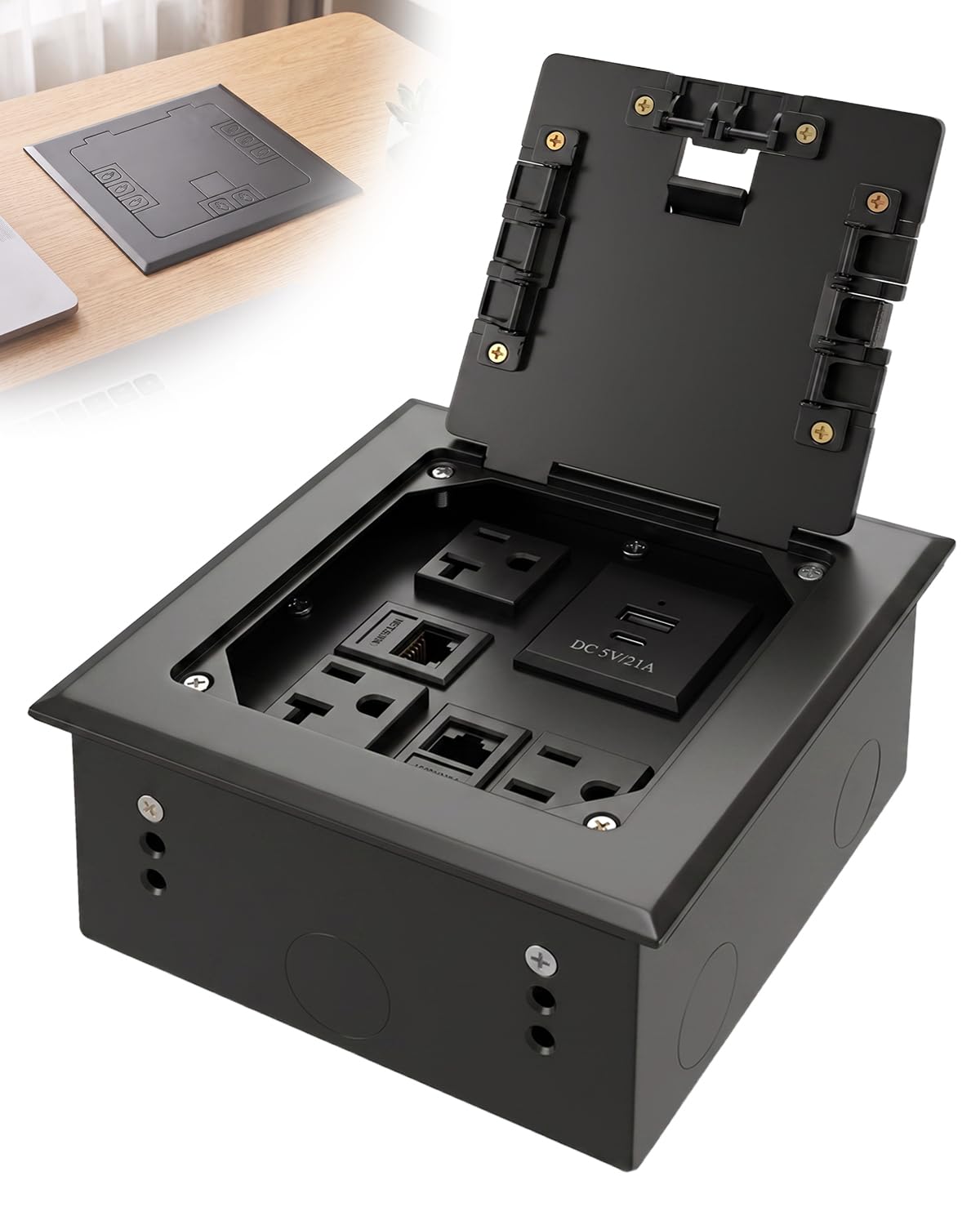 Kit scatola di uscita da pavimento da incasso, presa di corrente a pavimento con 2 prese da 20 A e presa da 15 A e PD 20 W USB-C e USB-A e 2 porte Ethernet RJ45, scatola da pavimento nascosta per casa