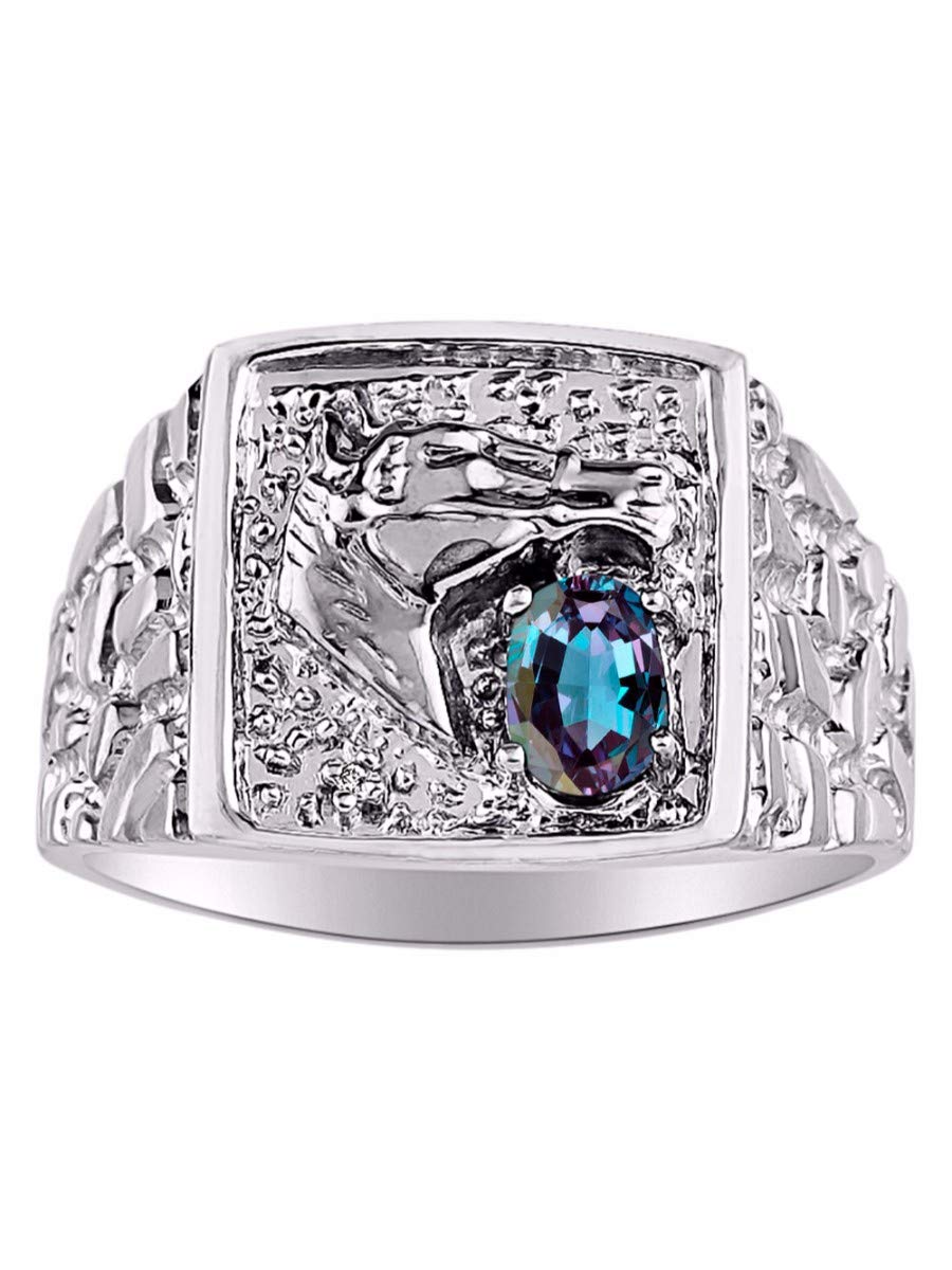 Men's Sterling Silver Nugget Ring With Birthstone - Horse Head Design & Genuine Diamond - Blue Topaz December Ring - View #3