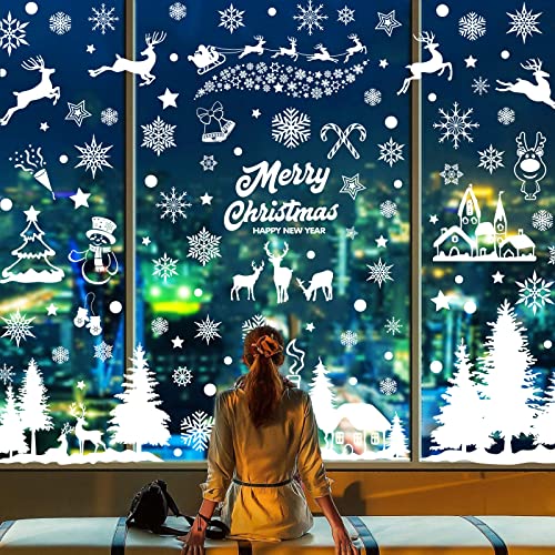 UMIPUBO Fensterbilder Weihnachten Selbstklebend 10 Blatt Weiß Fensteraufkleber Schneeflocke Elch Hütten Weihnachts Fensterbilder Winter Deko Weihnachtsdeko Cover