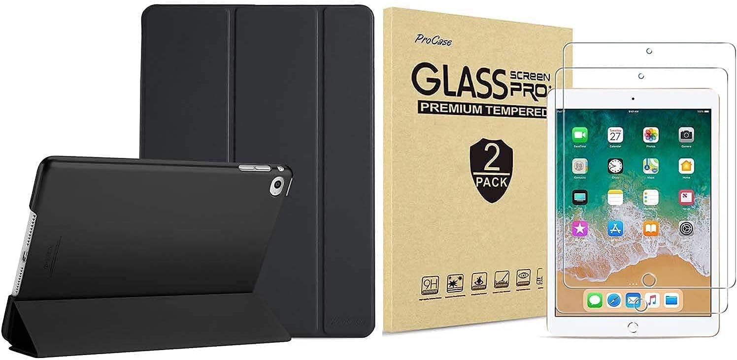 ProCase iPad Air 2nd 2014 Black Slim Hard Shell Case Bundle with 2 Pack iPad 9.7 2018 & 2017 / iPad Pro 9.7 / iPad Air 2 / iPad Air Tempered Glass Screen Protectors