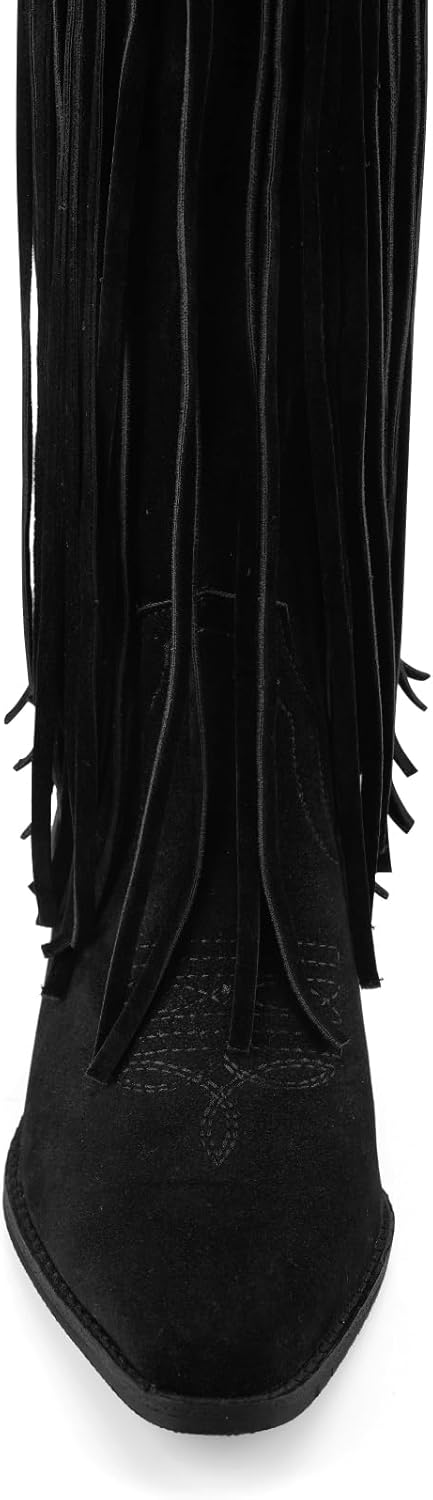 Fringe Knee High Cowgirl Boots for Women Embroidered Pointed Toe Chunky Block Heel Cowboy Western Tassel Boot - Image 8