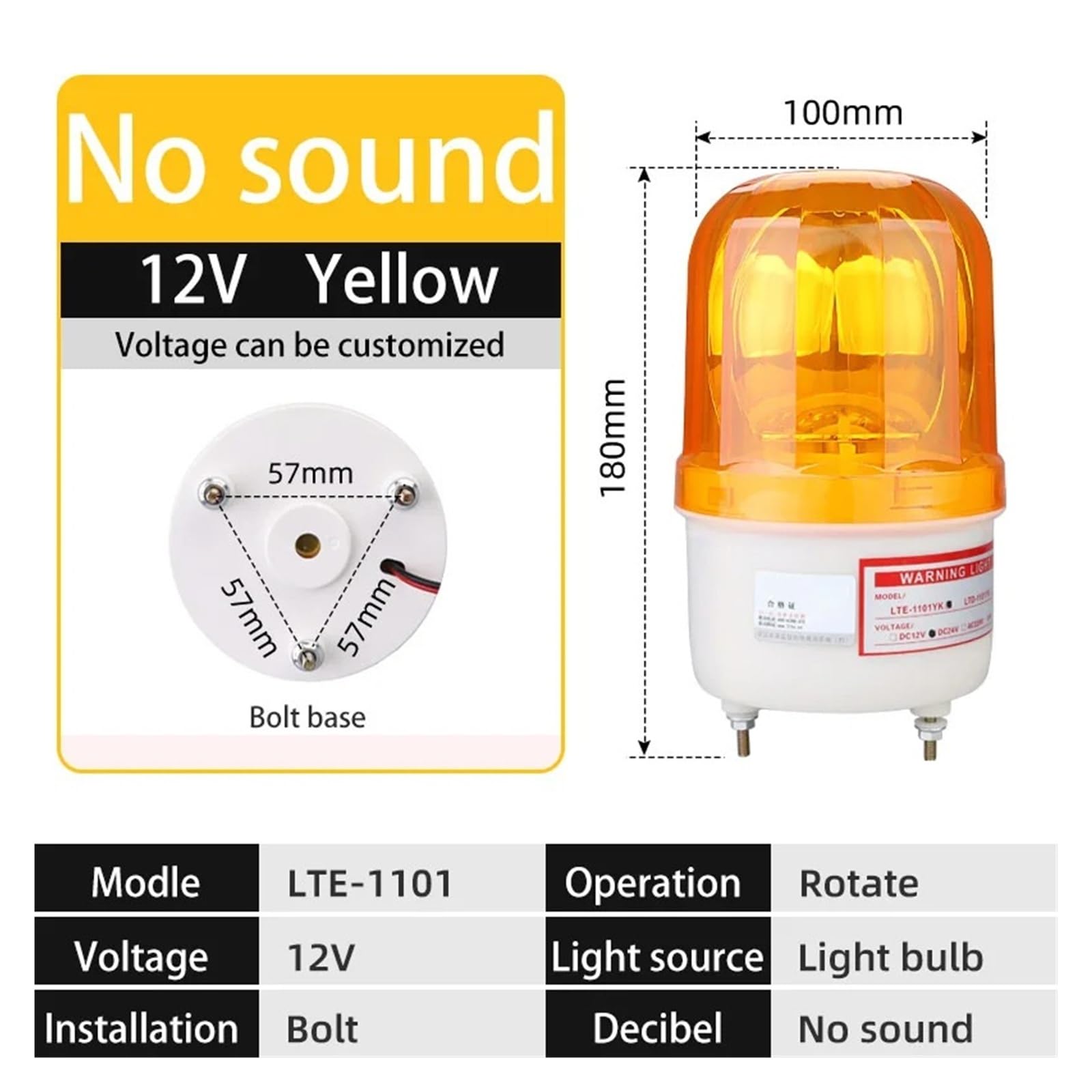 Tour de signalisation industrielle avec indicateur LED-1101, 12 V, 24 V, 110 V, 220 V, 380 V, gyrophare, signal sonore, stroboscope rouge, jaune, bleu, vert.(Yellow,12v)