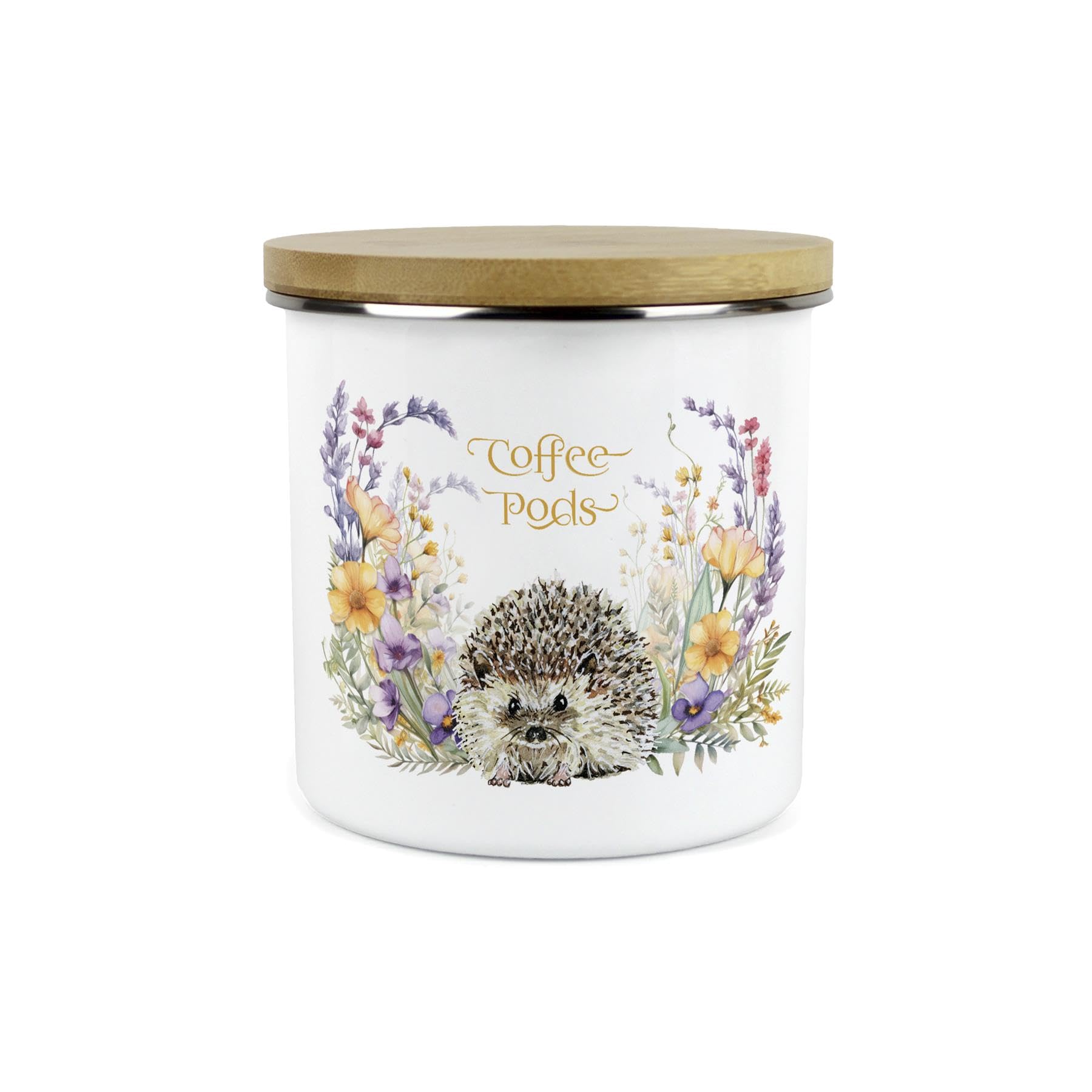 Purely Home Floral Hedgehog Coffee Pods Storage Canister - Pretty Wildlife & Foliage Homewares Gifts - Large Enamel Hot Drinks Kitchen Storage Container
