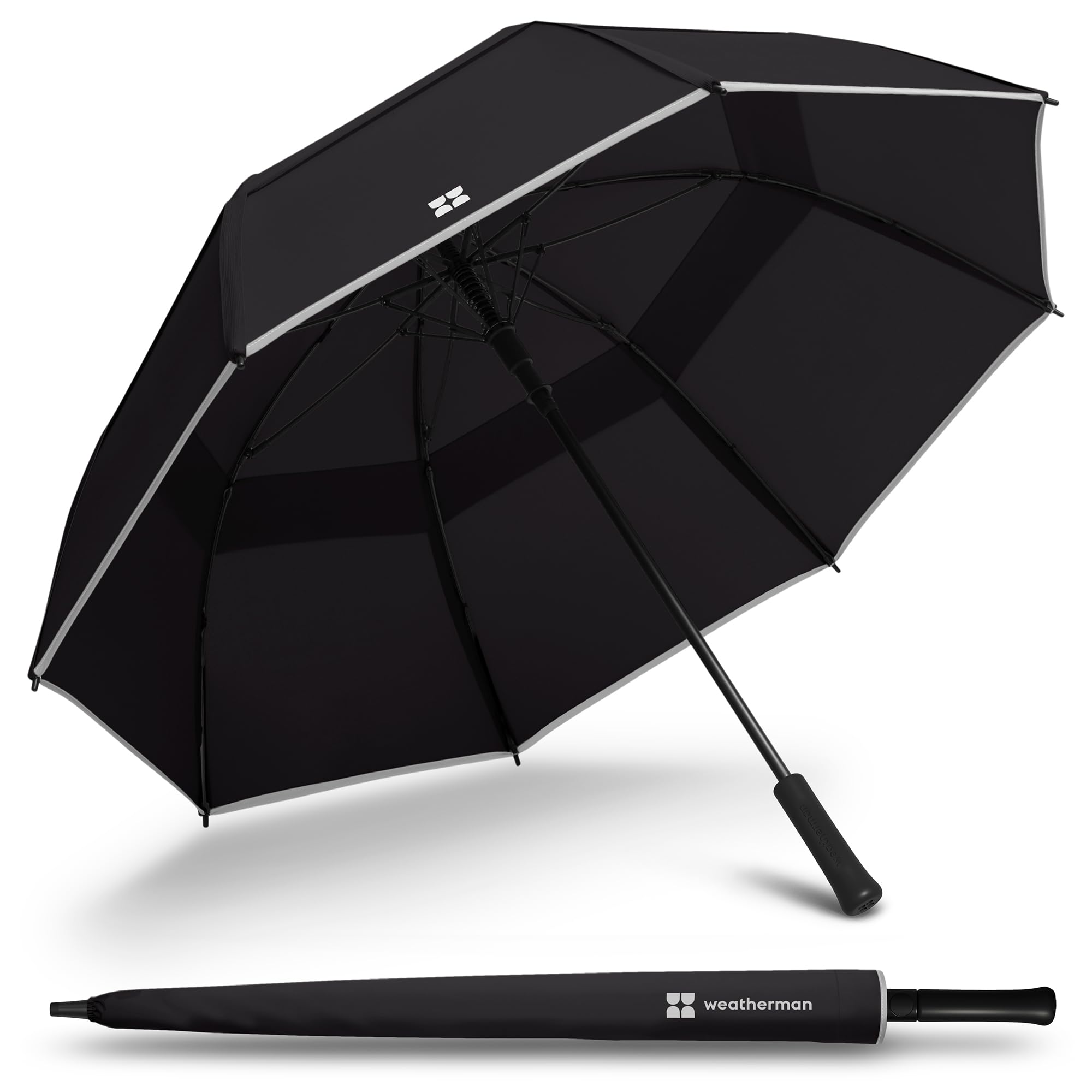 Weatherman Umbrella - Stick Umbrella - Windproof Umbrella Resists Up to 55 MPH Winds (Black)