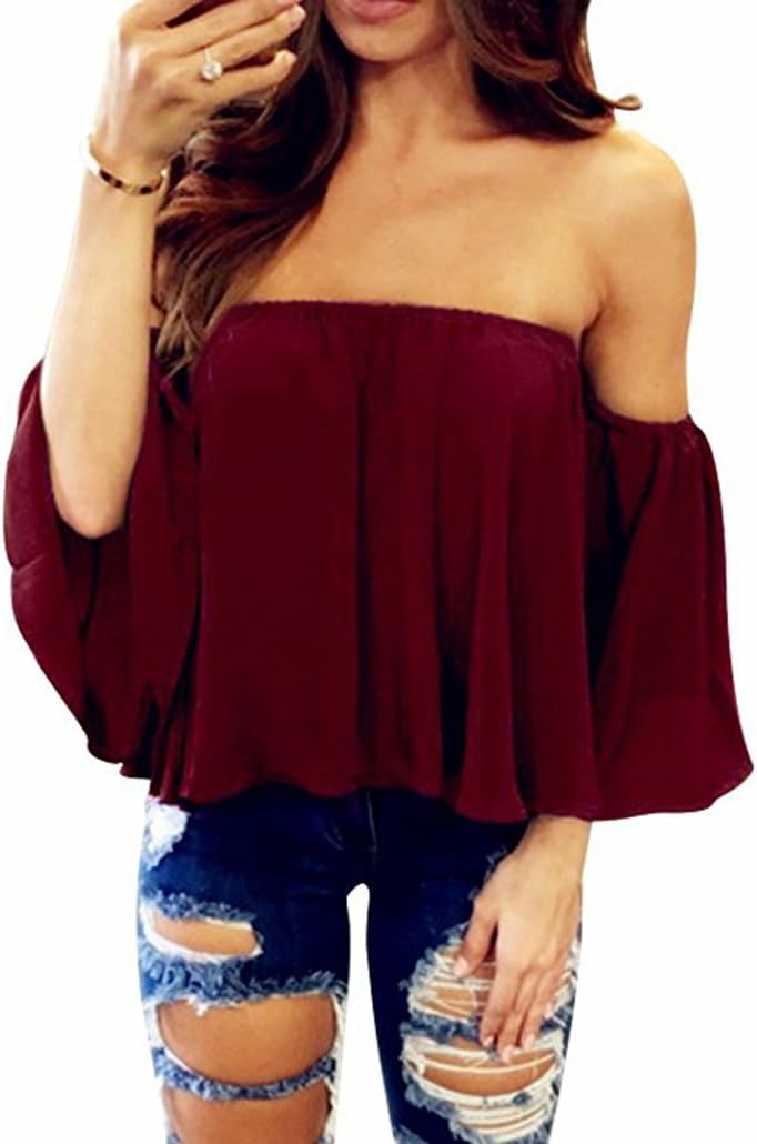 Womens Summer Short Sleeve Casual Tee Shirts Chiffon Strapless Blouses and Tops
