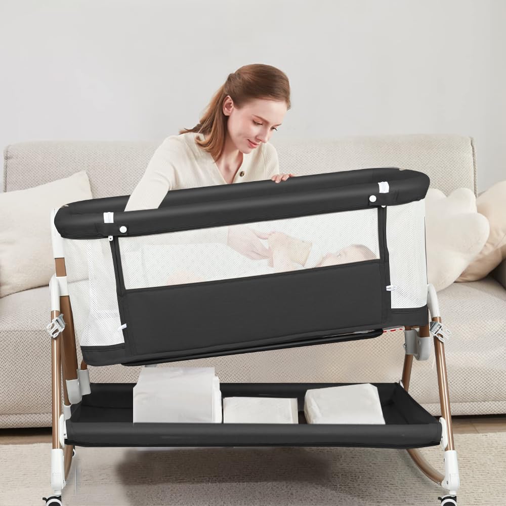 LANTUS Berceau 3 en 1, Lit Cododo, Berceau à Inclinaison, Hauteur réglable sur 6 Niveaux(50-75cm(50-55 - 60-65- 70-75)), jusqu'à 50kg, Roues 360º, Moustiquaire, 90 x 60 x 90-115 cm – Noir + Or