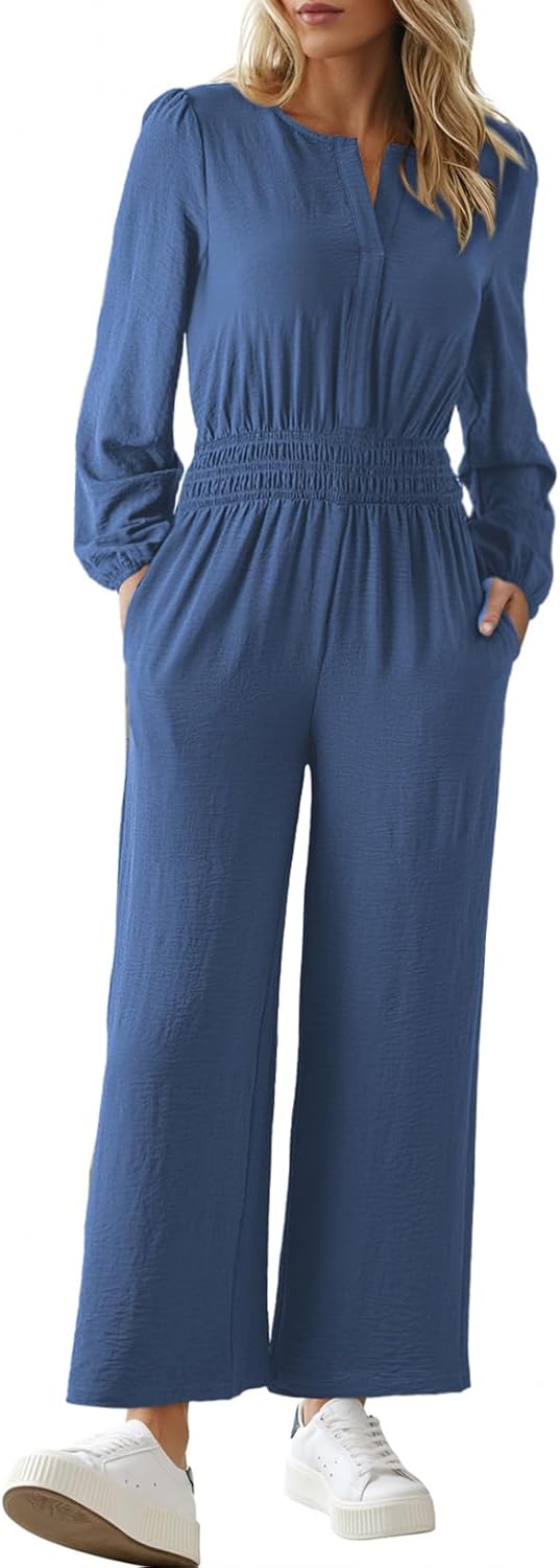 Dokotoo Women's Casual Jumpsuits Loose Long Sleeves Overalls One Piece Button Wide Leg Pant Rompers With Pockets - Image 2